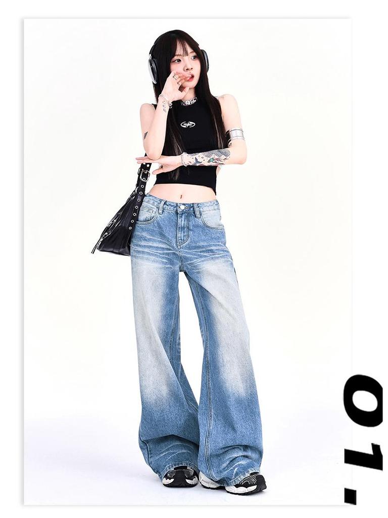Women's 2024 Retro Low-Rise Wide-Leg Creased Distressed Jeans