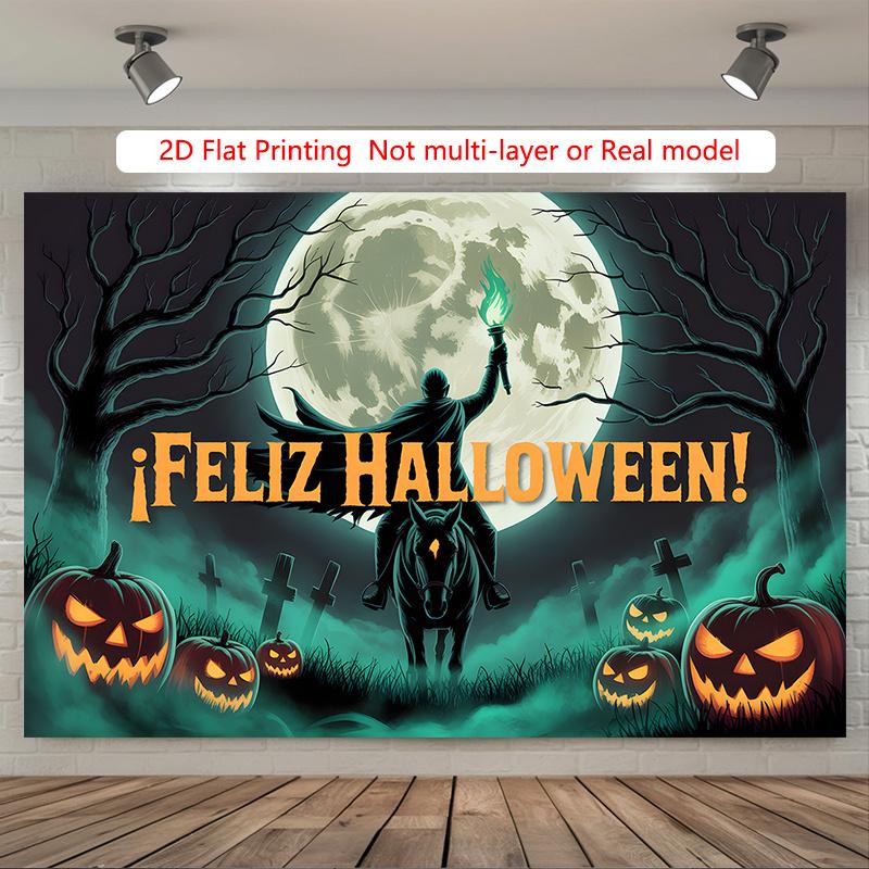Party Backdrop Halloween Moon Flat Pumpkin Lights Skulls Spooky Silhouette Trees Photo Booth Decor Party Decor