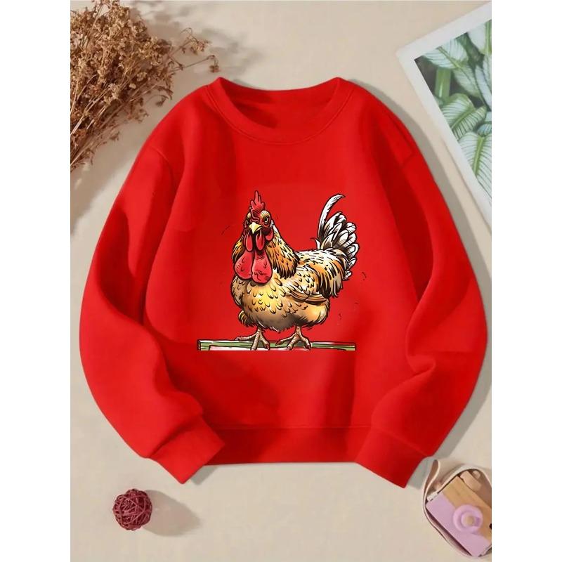 Girls' Crewneck Sweatshirt - Rooster Standing On Green Fence Machine Washable, Spring And Autumn, Sportswear And Casual Wear