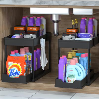 2 Tier Under Sliding Cabinet Basket Organizer Drawer with 4 Hooks, Multi-Purpose Under Sink Storage for Bathroom Kitchen Desktop