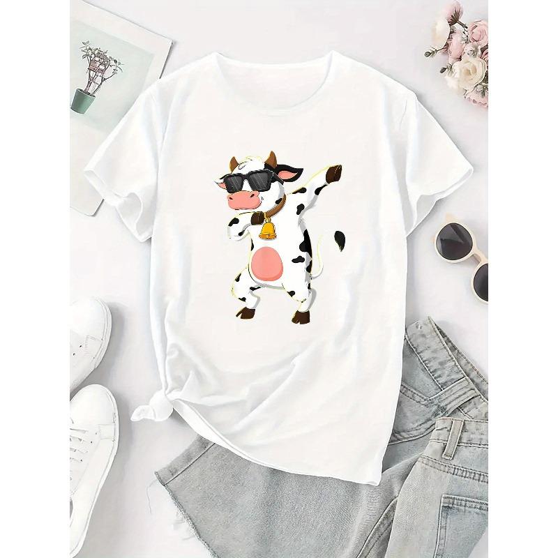 Women's Dancing Cow Print T-Shirt - Cute Cow Dance Short Sleeve Summer Top, Casual Round Neck Blouse for Casual Attire & Themed Parties,