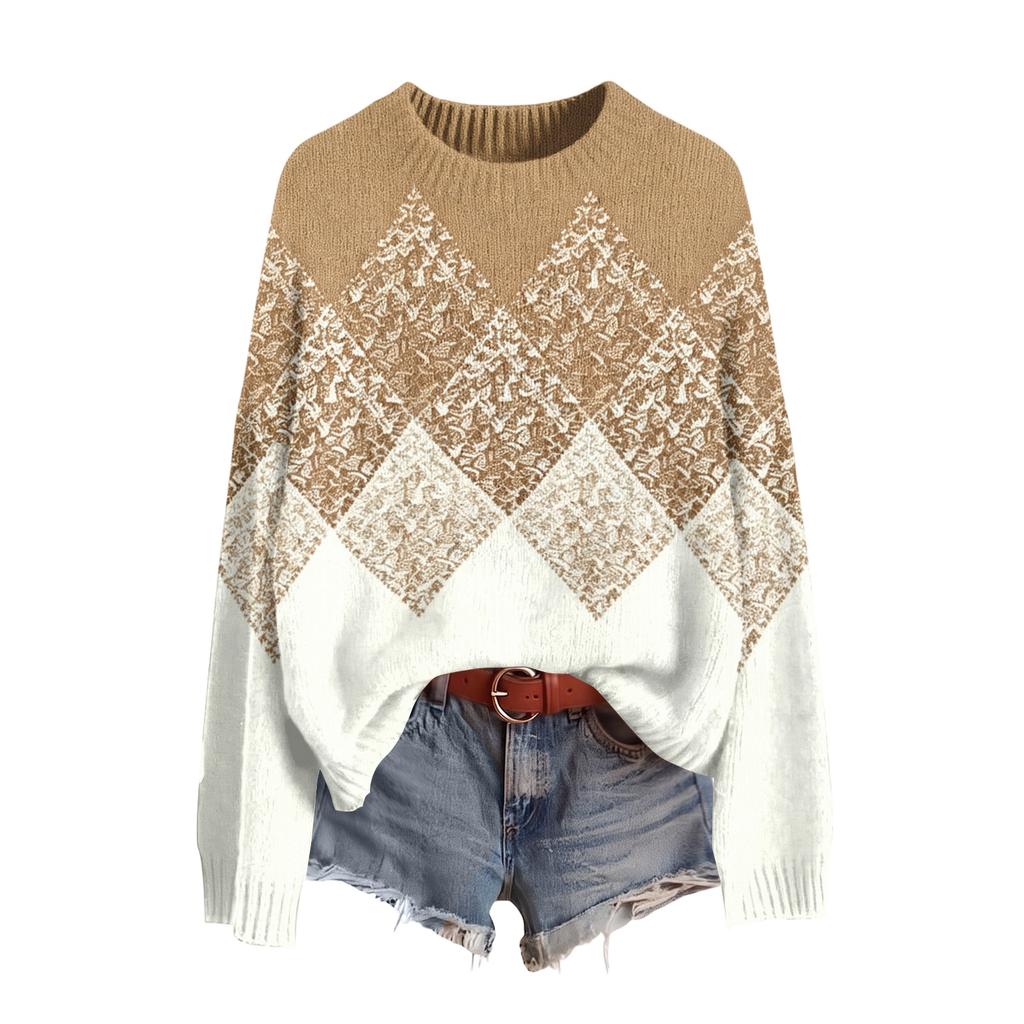 Women's Fall Winter Neck Long Sleeve Sweater - Soft Knit Printed Pullover