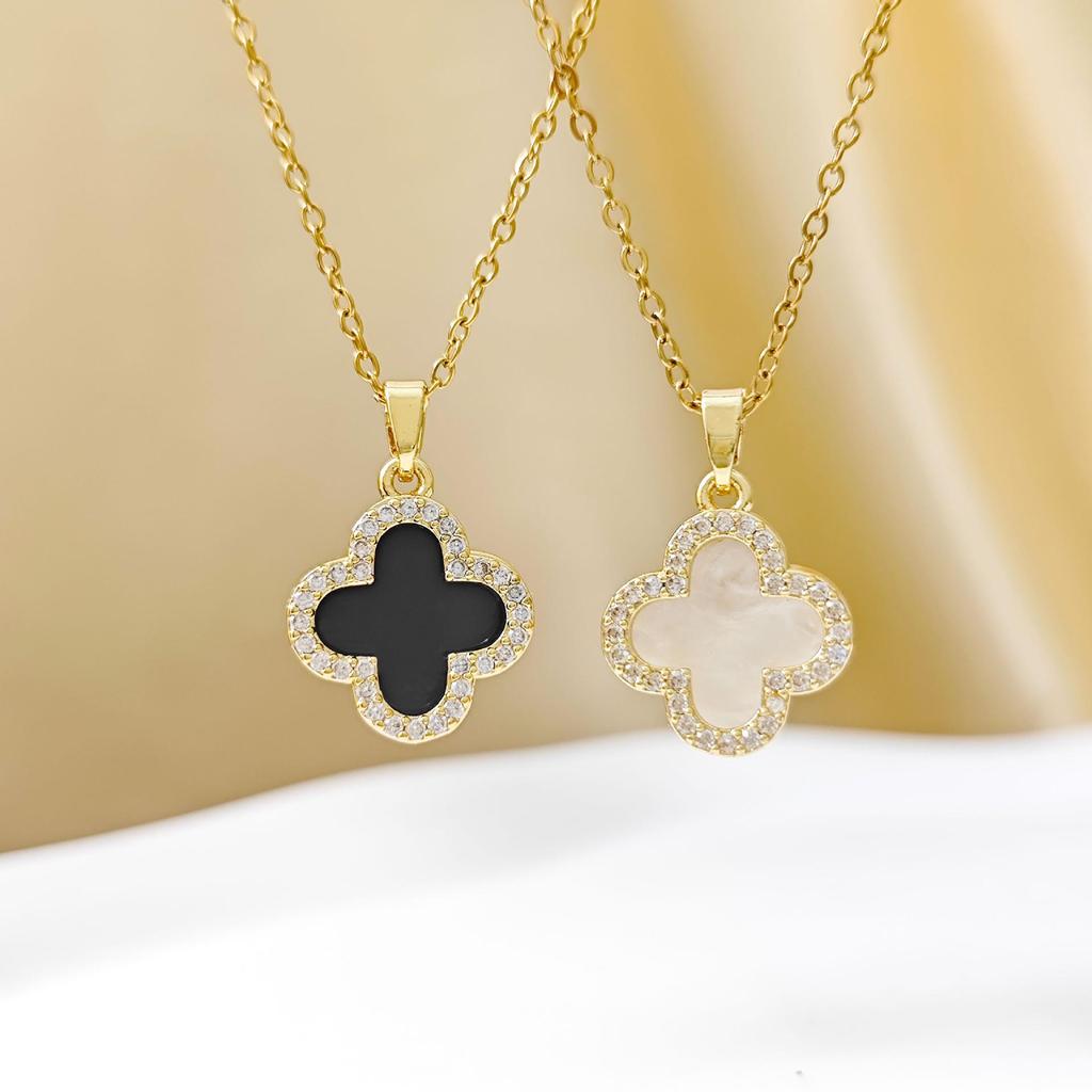 Cross Double Layer Four-Leaf Clover Mother-of-Pearl Necklace - Korean Simple Luxury Style Pendant, Trendy Internet Celebrity Hot Item.
