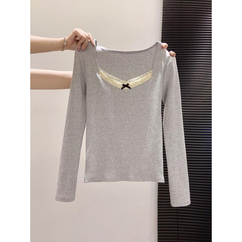 Square collar top Skinny Spice Girl inner bottoming shirt Autumn lace long-sleeved knitted shirt Women's sweater