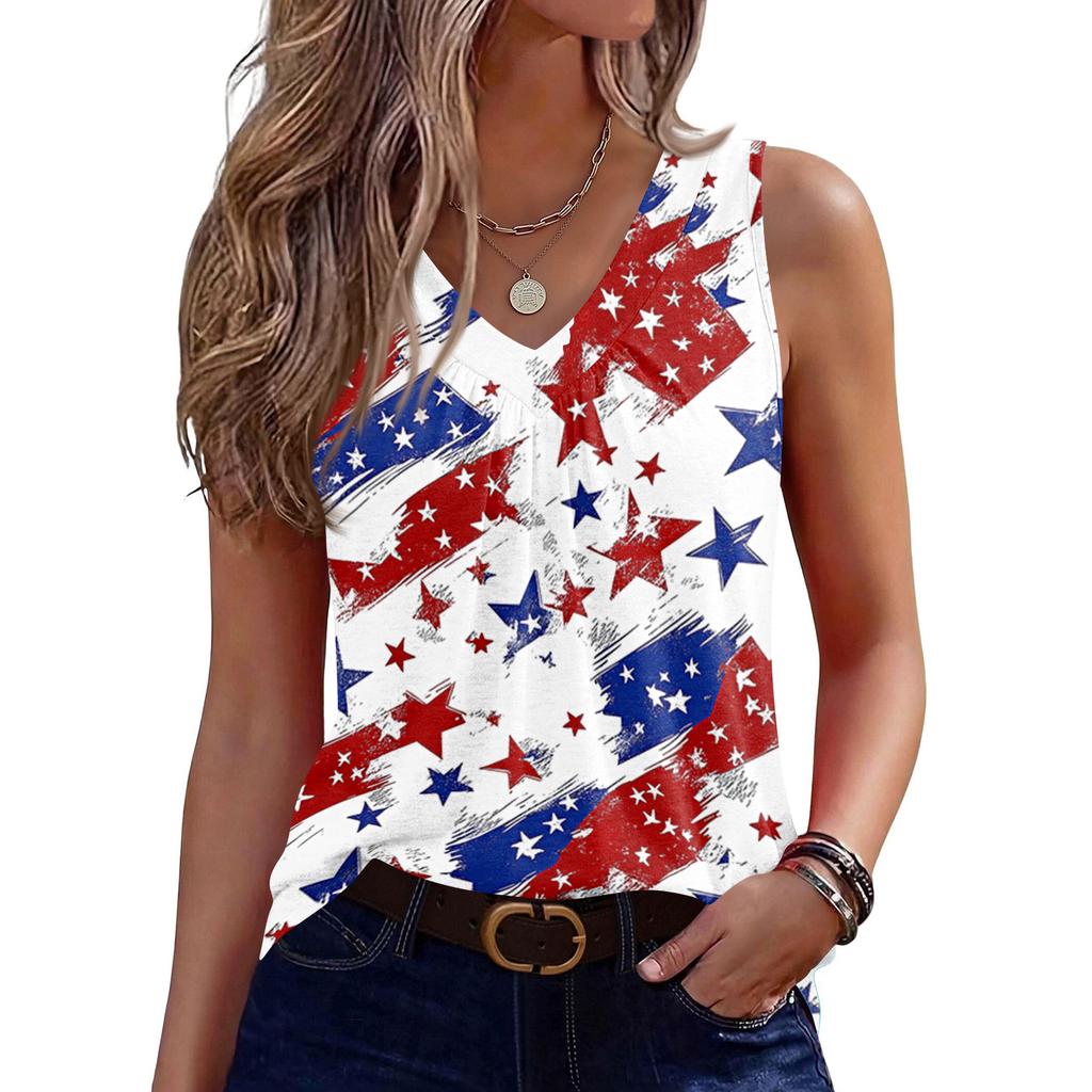 V-Neck Tank Top Women Print Tank Tee Casual Loose Fit Sleeveless Shirt