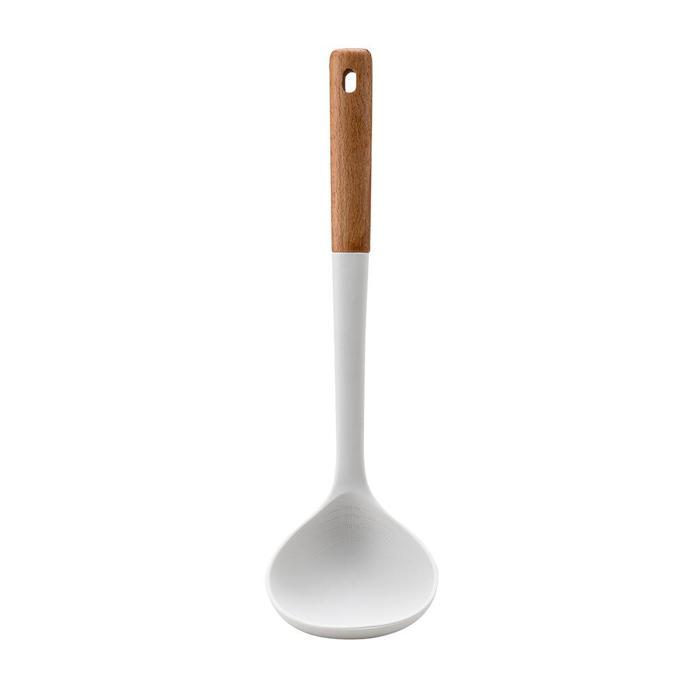 Wooden Handle 8-Piece Silicone Kitchen Utensil Set: Heat Resistant, Non-Stick Silicone Ladle, Spatula, Slotted Spoon with Storage Bucket.