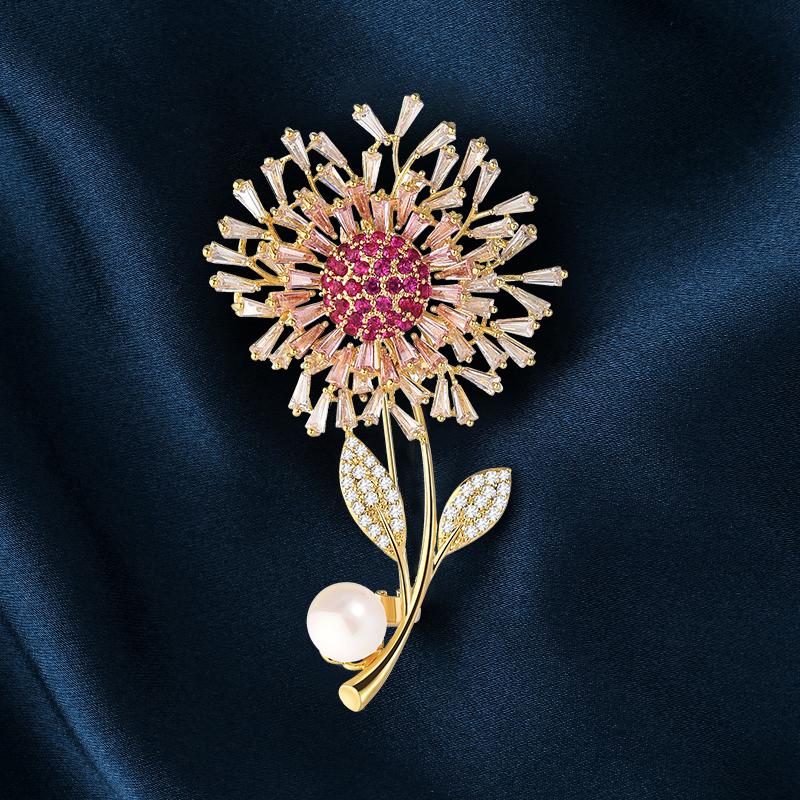 

SUYU Роскошная медная брошь-одуванчик с микро-паве из кубического циркония, женский костюм, блестящие аксессуары, подарок красный