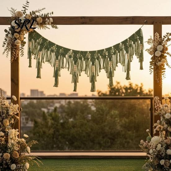 Cotton Rope Backdrop Boho Garland Wall Hanging with Wooden Beads, Hand Woven Tassel Banner, Textured Decor Nordic Window Tapestry, Bohemian