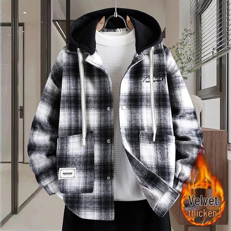 Trendy Winter Plaid Wool Coat for Boys (Ages 13-17) - Thickened, Plus Velvet