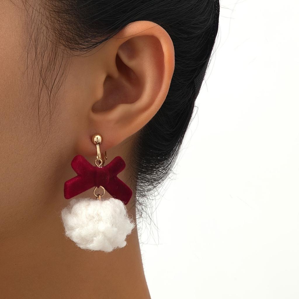 1 pair of retro red bow flocked earrings hairball tassel long pendant light luxury small fragrant style earrings
