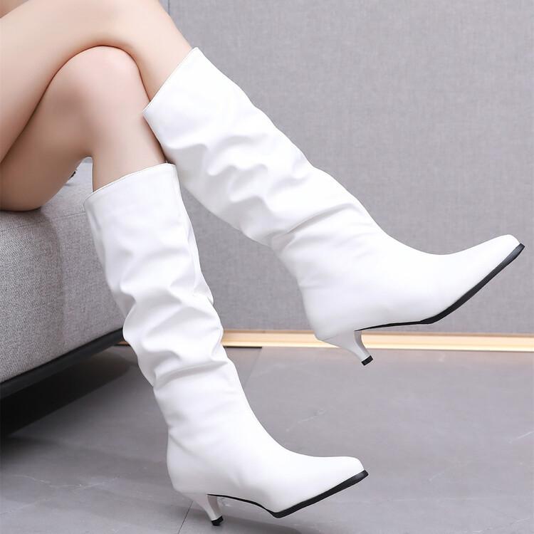 Low Heel High Leather Boots Foreign Trade European and American Folded Boots Women's Shoes Large Size Women's Boots Women's Knee Boots Solid Color