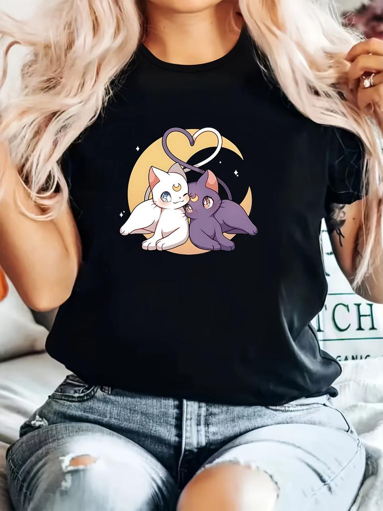 Elegantes Trend-T-Shirt für Damen mit Weißem & Lila Katzen-Duo Mond- & Herz-Print - Weiche Polyestermischung Rundhalsausschnitt Maschinenwaschbar