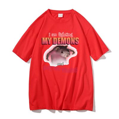 Zabawna Koszulka Walczę ze Swoimi Demonami i One Wygrywają Kobiety Casualowa Luźna Koszulka Słodka Kawaii Myszka Mem Graficzny Unisex T-shirt