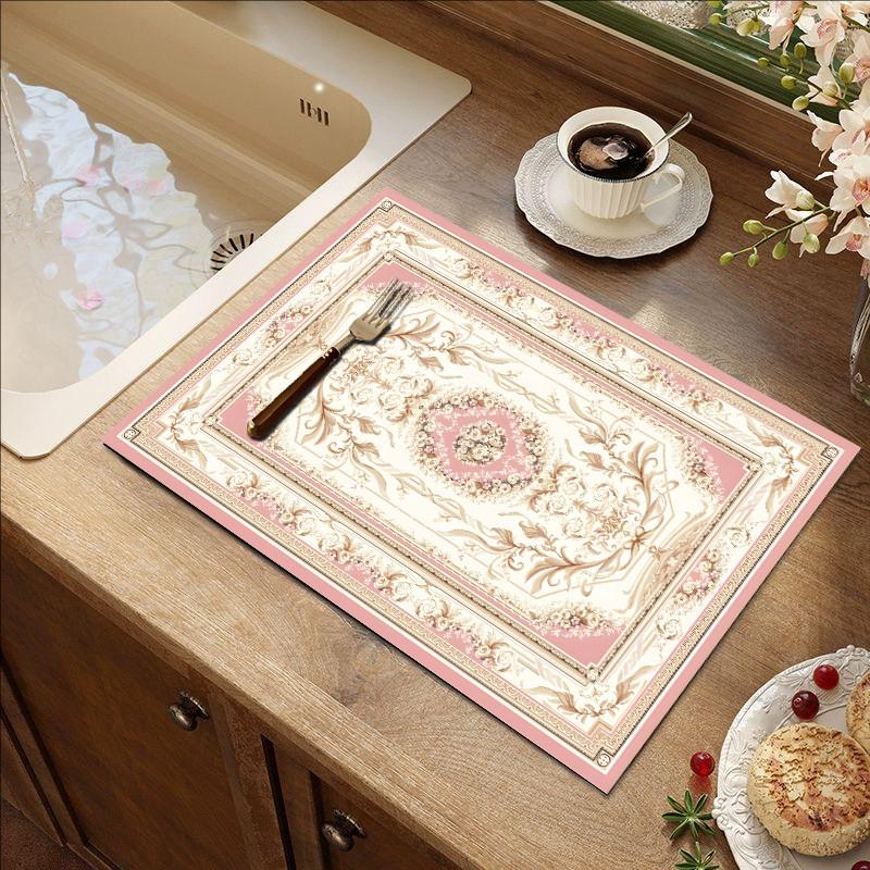 Oval Soft Pink Peony Placemat Floral Frame Print Waterproof Non Slip Heat Resistant Dining Desk Decor Pad Kitchen Mat