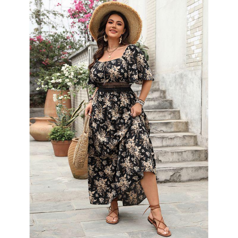 

Fashion New Arrival Dress Spring Retro Square Collar Print Plus Size Short Sleeve Dress Black XL