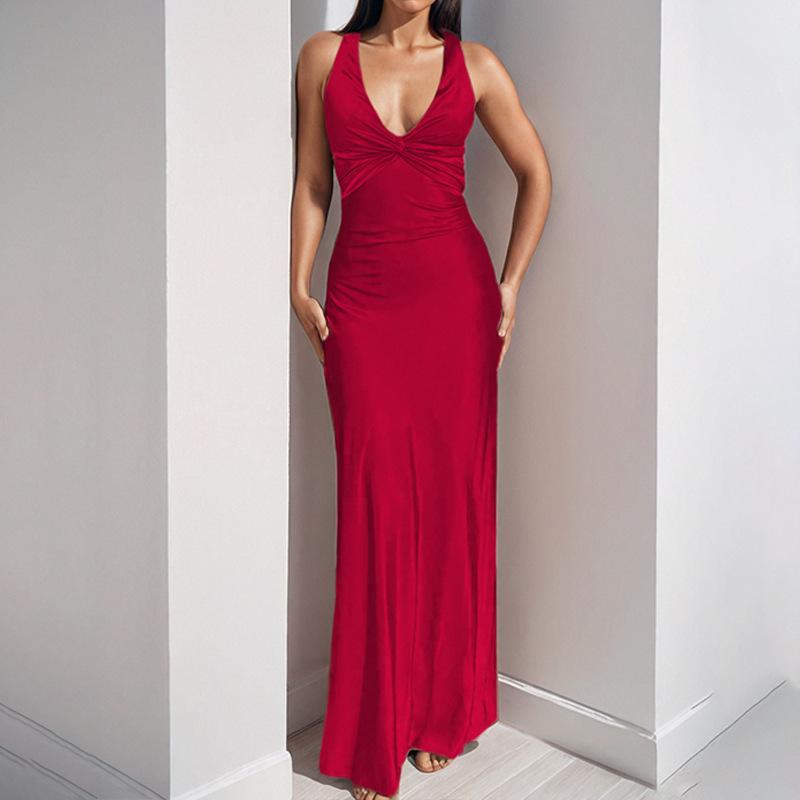 Spring New Women's Clothing Satin Temperament Strap Dress Sexy Backless Neck Dress