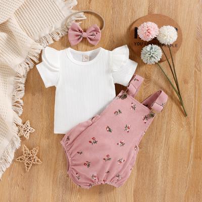 Infant Baby Girl Summer Clothes Solid Color Fly Sleeve Round Neck Tops + Flower Pattern Suspender Jumpsuit + Bow Headband