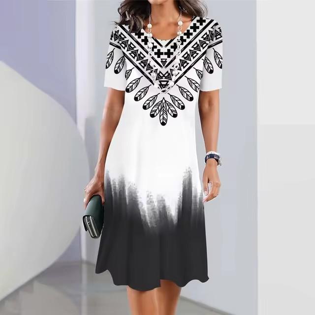 Elegantes Damen-Sommerkleid mit 3D-Geometrie-Streifenmuster, kurzärmelig