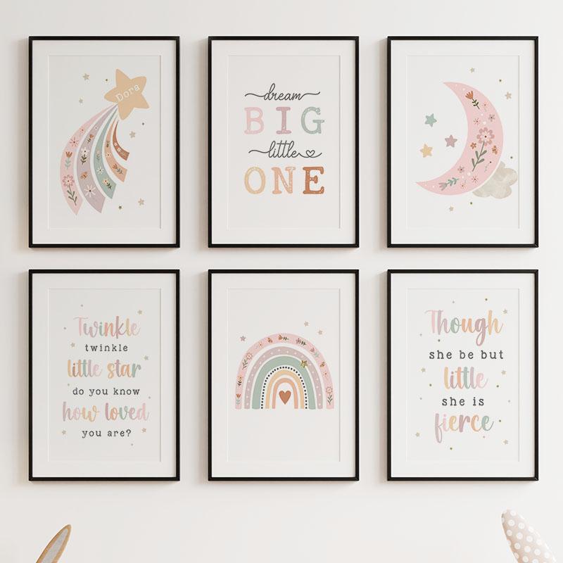 Rainbow Stars Moon Flowers Big Dreams Cartoon Wall Art Canvas Painting Nordic Posters And Prints Pictures Girl Kids Room Decor