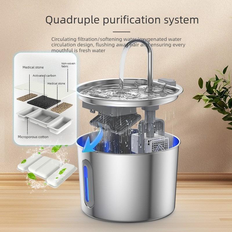 2.2L Automatic Cat Water Fountain Square Stainless Steel Pet Water Feeder with Window for Dog Cat (Power Adapter Not Included)