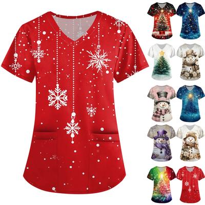 Women's Cute Printed Work Clothes V-neck Double Layer Pockets Basic Short Sleeve Top Pullover Christmas