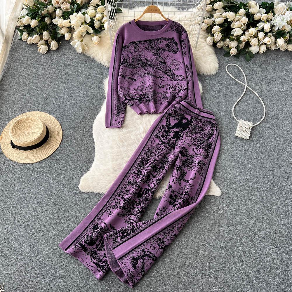 Women's Art-Inspired Knit Sweater & Wide-Leg Trousers Set – Autumn/Winter Trend
