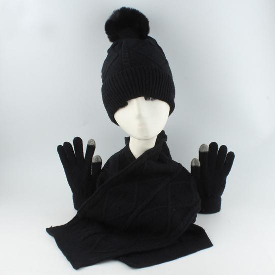 3Pcs/Set Women Winter Hat Scarf Gloves Set Plush Ball Decor Rhombus Texture Knitting Hat
