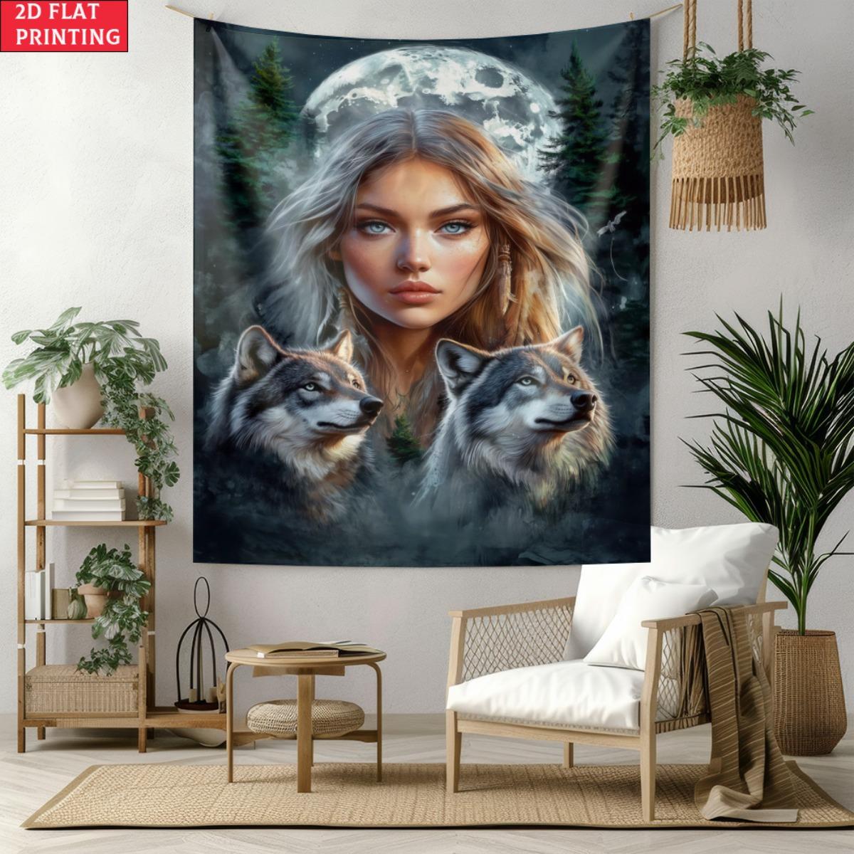 

Wolf Goddess Tapestry Mystical Woman with Wolves Under Full Moon Wall Hanging Fantasy Room Decor Extra large size 74x94cm(29x37in)