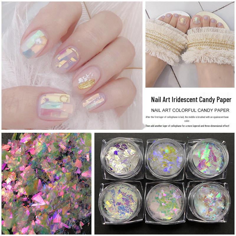 Iridescent Mermaid Candy Nail Art Sequins: Ultra-Thin Aurora Cellophane for Unique, Irregular Designs.