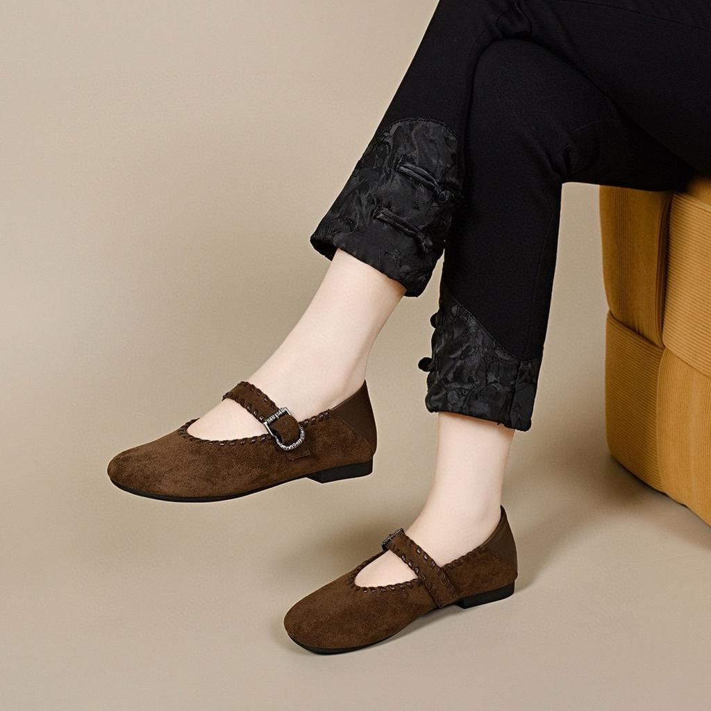 Round Head Lazy Shoes Women's Low Heel Shallow Mouth Word with Square Buckle Literary and Retro Women's Flat Shoes