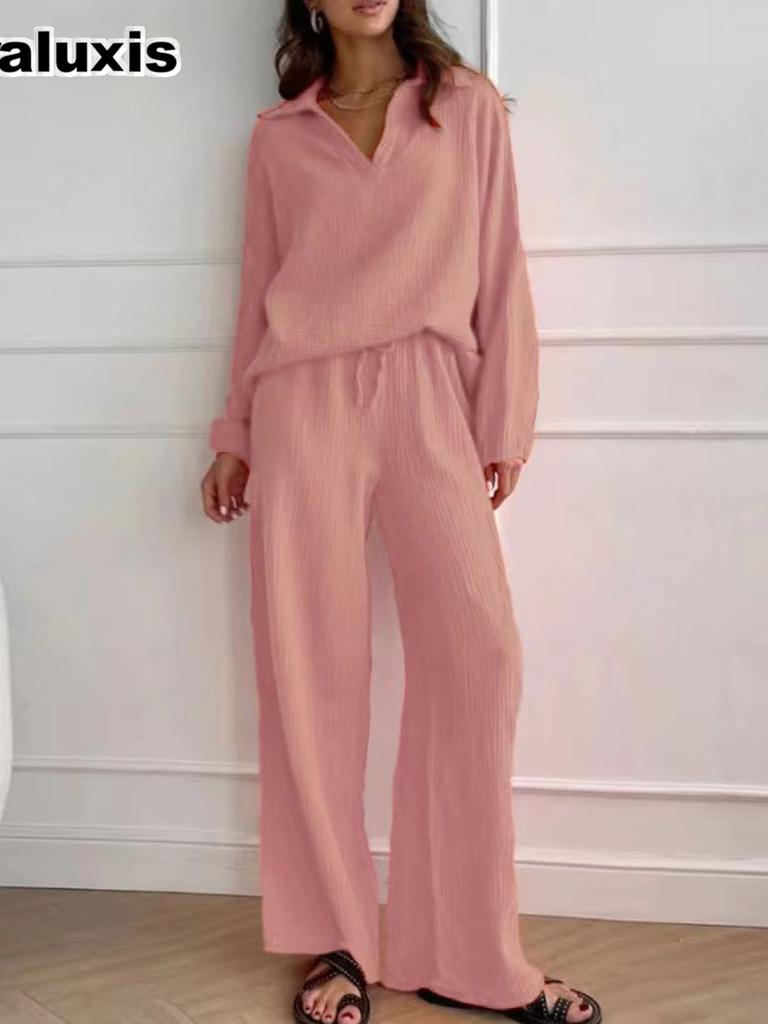 Elegant Women's Casual Loose Set Women Long Sleeve Top + Drawstring Pants Outfit Autumn Winter Two Piece Suit