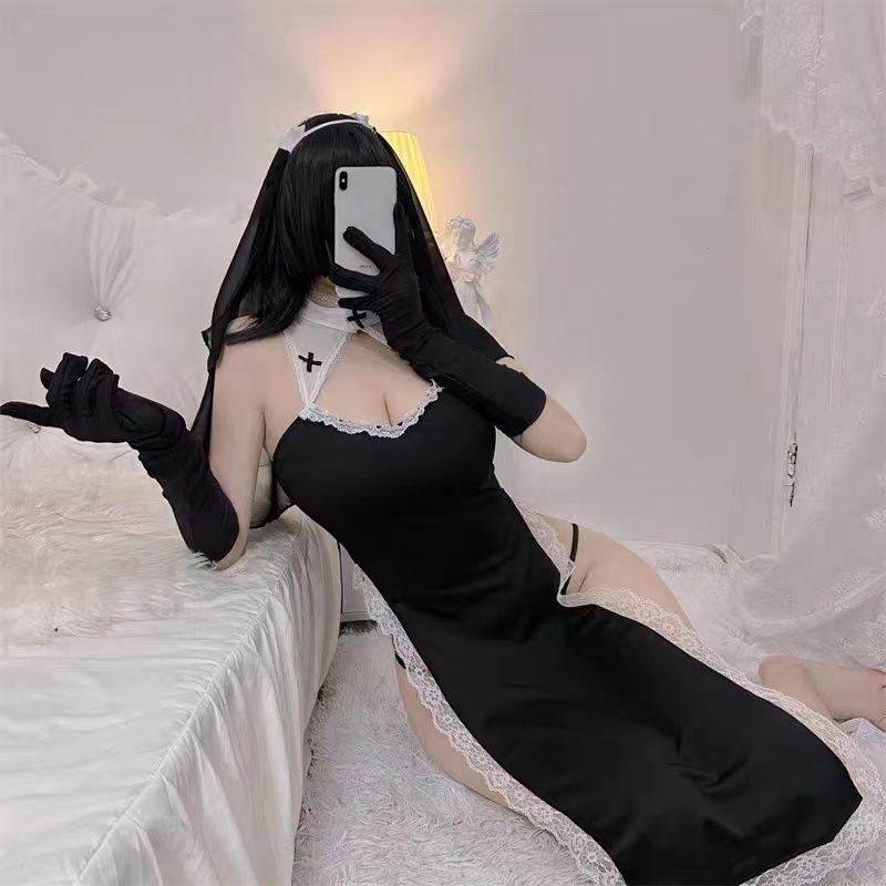 Schwester-Uniformen, Cosplay, sexy Versuchung, dünn, V-Ausschnitt, necken, erotisches Kostüm, Tanga, dreiteiliges Set
