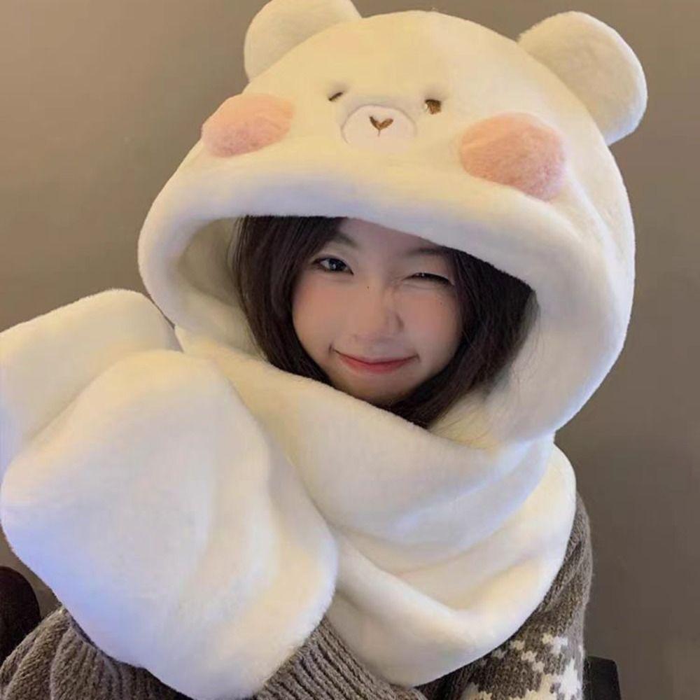 Warm Plush Bear Hat Gloves Cute Blusher Bear Scarf Fashion   Outdoor
