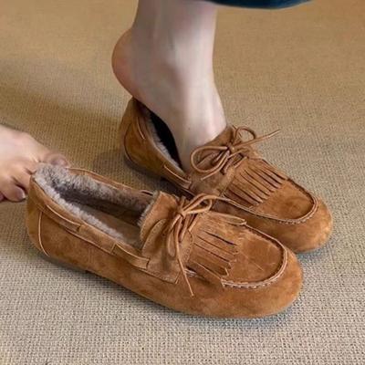 Fashion Retro Round Toe Women's Flat Shoes 2024 New Comfortable and Warm Winter Slip-ons Stylish and Durable Ladies Casual Loafers
