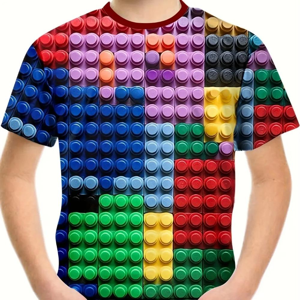 Children's Block Pattern 3D Digital Printed Boys' Fashion and Comfortable Round Neck Short Sleeved T-shirt
