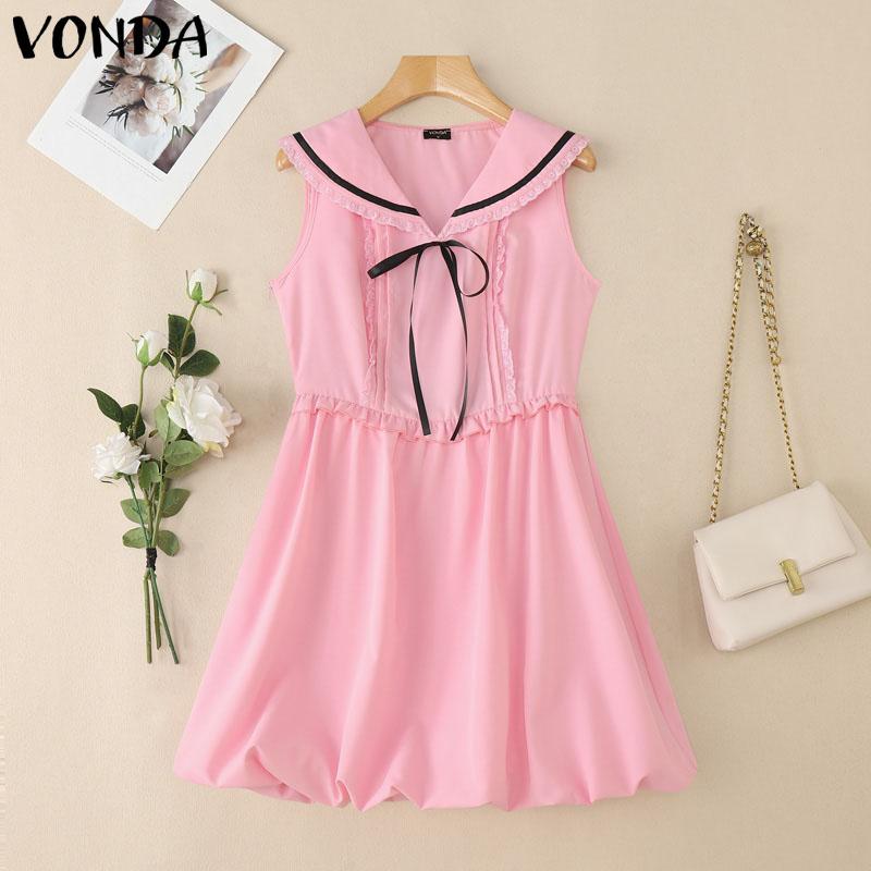 VONDA Women Naval Collar Sleeveless Crochet Hem Slim Waist Pleated Dress