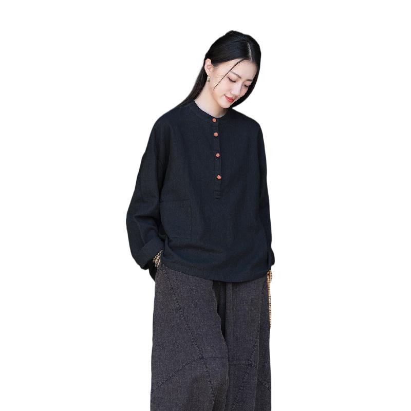 

Женская хлопково-льняная рубашка с коротким рукавом на пуговицах на пуговицах, круглый вырез, повседневный рабочий топ с карманами L чёрный