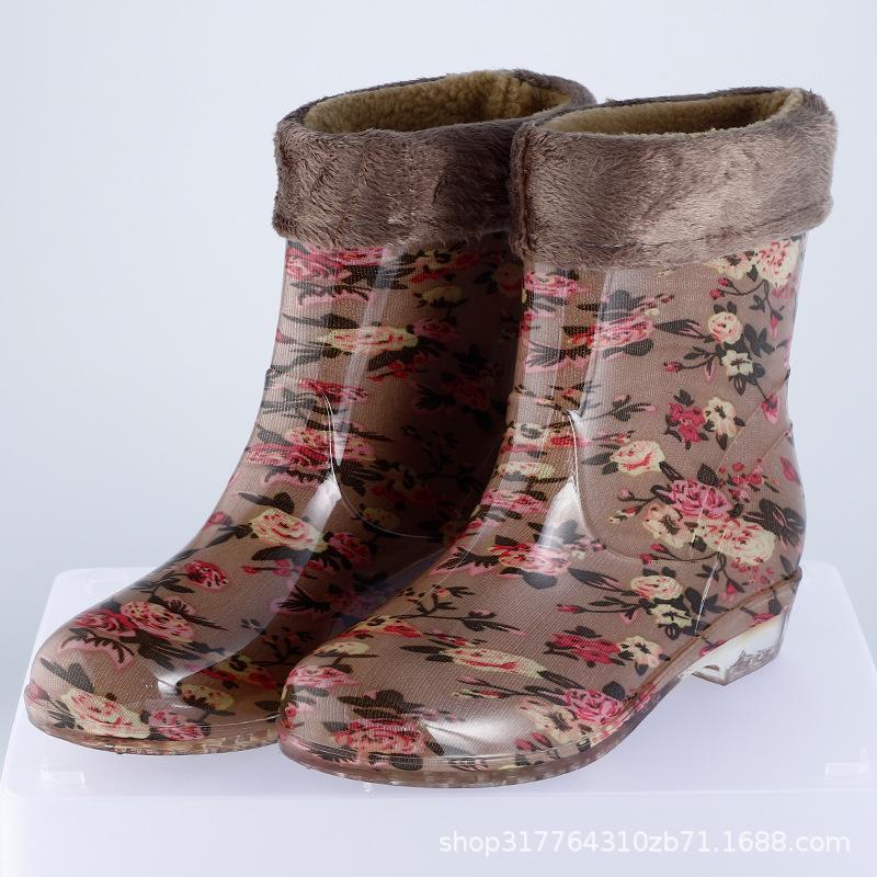 Water Shoes Medium and Low Tube Rain Shoes Women's Short Rain Boots Half Tube Water Boots Flower Cloth Adult Plus Cotton Lint Rainproof