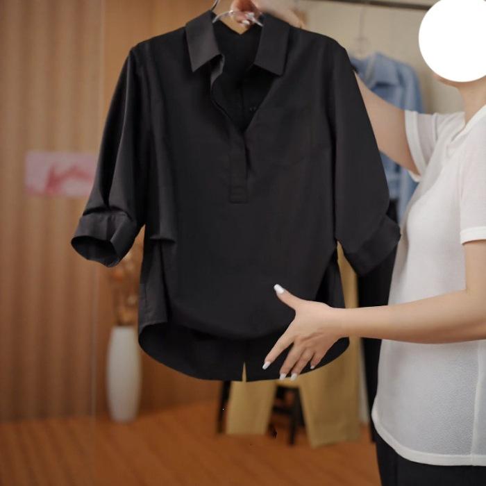

Spring and summer new French fashion foreign style top small white seven-quarter sleeve loose shirt women s summer shirt 4XL чорний