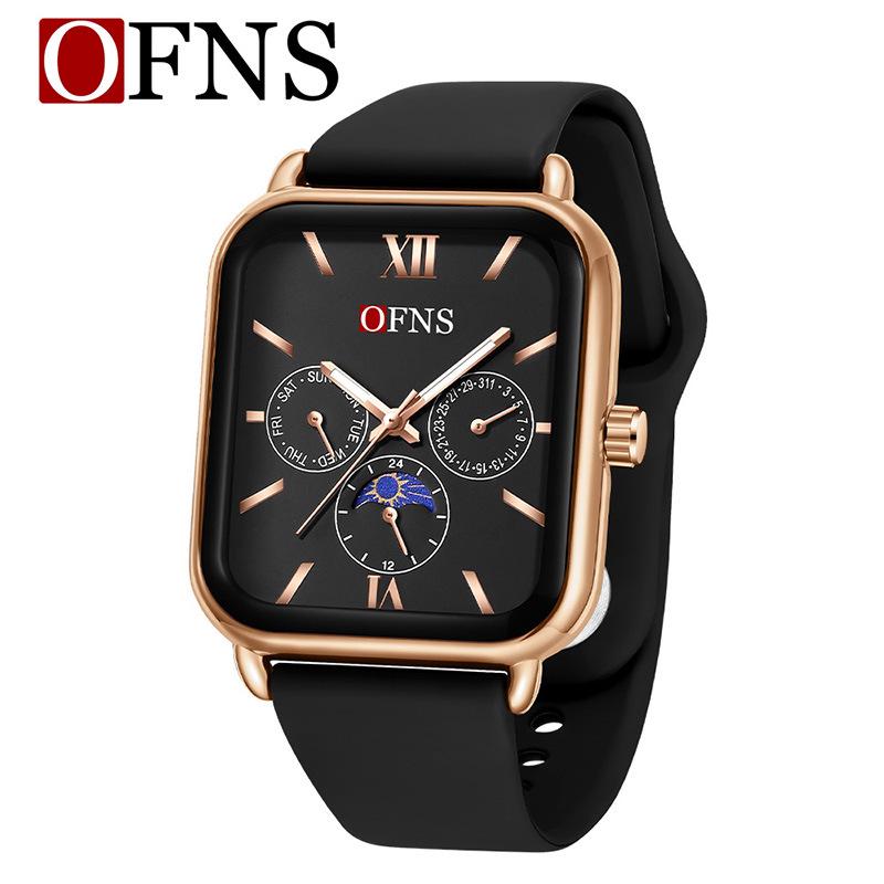 OFNS Retro Roman Numeral Square Quartz Watch, Waterproof, Moon Phase, Multi-Dial for Men and Women
