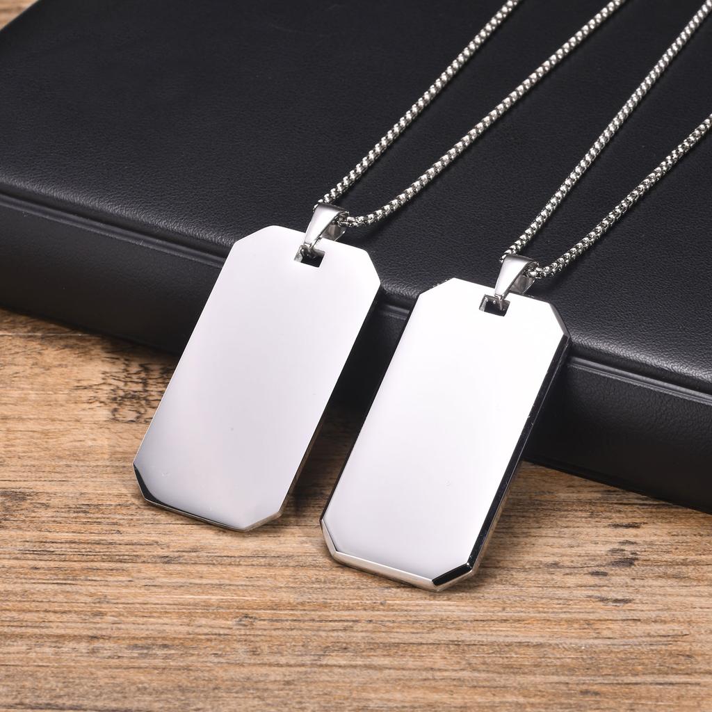 Pendant Necklace Free Engrave Stainless Steel Full-ight Blank Beveled Edge Dog Tag Personalized Free Custom Male Jewelry Gift