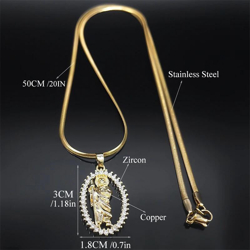 Saint St. Jude Thaddeus Zircon Shiny Necklace for Women Men Stainless Steel Gold Color San Judas Tadeo Necklaces Jewelry NGG43-4