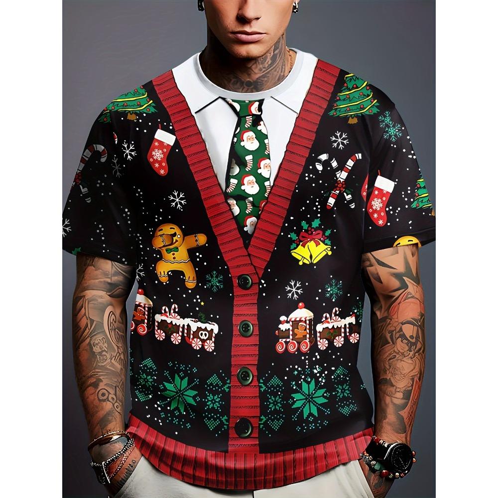 Christmas Reindeer 3D Print Men's T-Shirt Summer Casual Round Neck Short Sleeve Top Fun Santa Claus