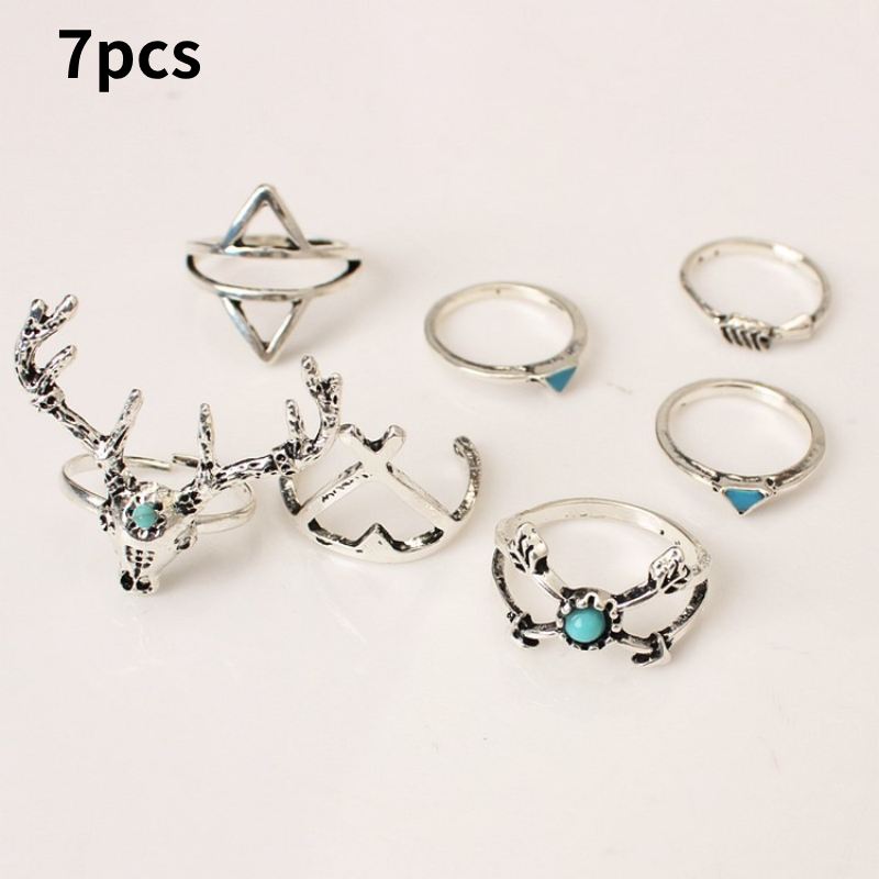 

Винтажный набор из 7 колец Рождественский олень Модный дизайн Простой Повседневный Универсальный И