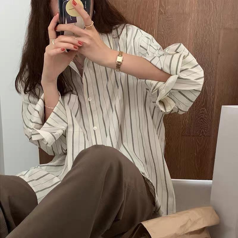 New Long Sleeve Women Office Stripes Shirt Loose Casual Ladies Blouse Lapel Pocket Elegant Fashion Simple Tops Spring Summer Thin Clothing