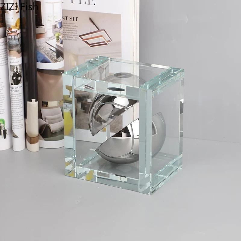 Geometric Square Block Silver Ball Crystal Ball Ornaments Desk Decoration Modern Crafts Abstract Artwork Room Aesthetic Decor