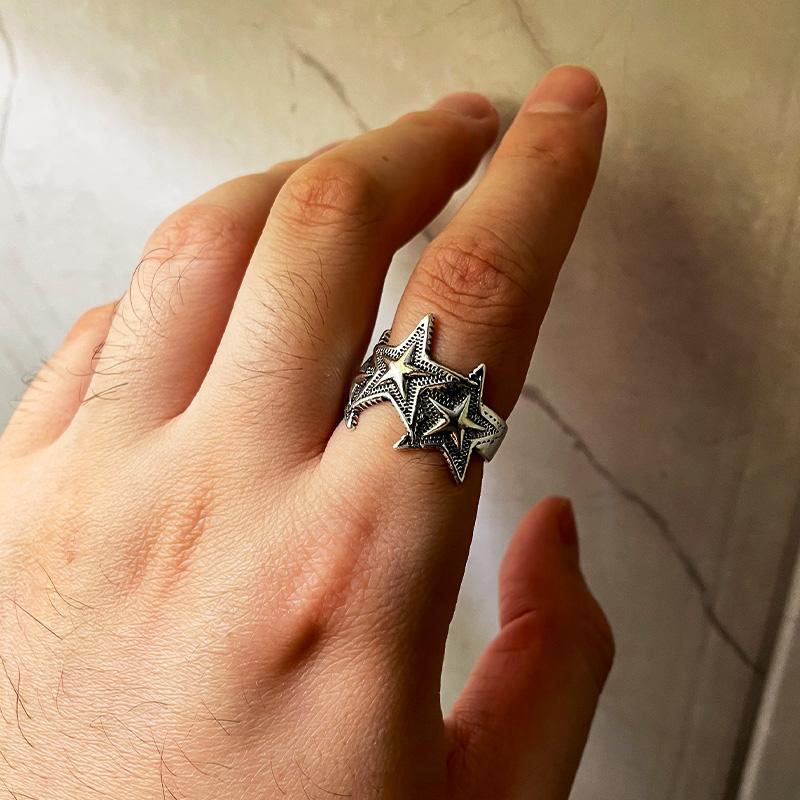Retro Triple Star Ring For Men Women Silver Color Punk Gothic Vintage Open Ring Handmade Designer Jewelry Unisex Accessories