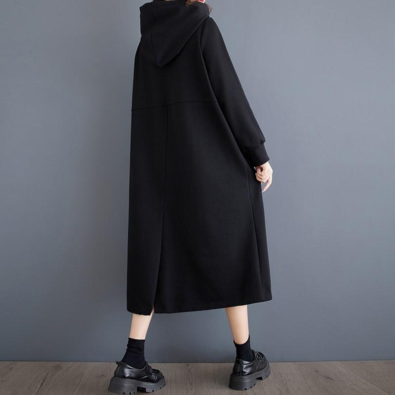 Long Sleeve Oversized Black Hooded Vintage Patchwork for Women Casual Loose Spring Autumn Sweatshirt Dress