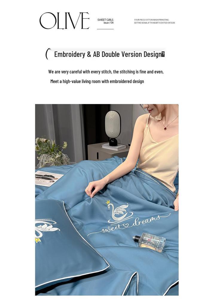 Embroidery Ice Silk Summer Quilt Set, Machine Washable, Luxury Bedding, Solid Color, Home Gift