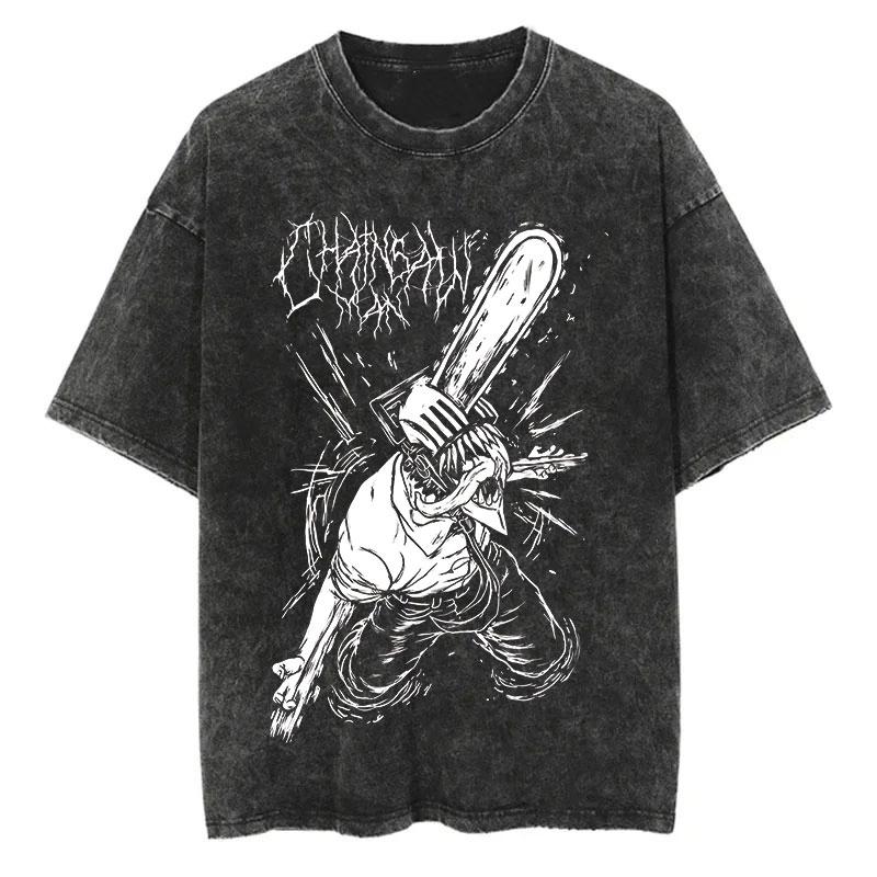 Chainsaw Man Anime Vintage Printed Washed T-shirt Women Men Harajuku Oversize Streetwear Y2K Tops Short Sleeve Tee Unisex